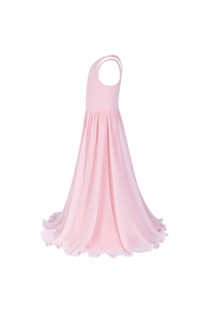 ly3555 Pink Elegant One-Shoulder Pleated Flower Girl Gown Dress