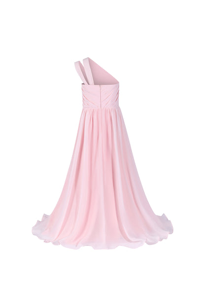 ly3555 Pink Elegant One-Shoulder Pleated Flower Girl Gown Dress