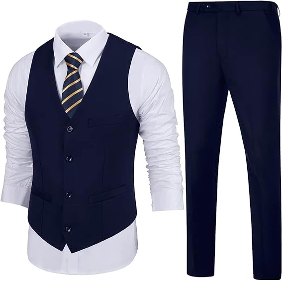 ly1783 Mens Slim Fit 2 Piece Suit Set V-Neck Solid Dress Suit Vest Pants Wedding Prom Tuxedo for Men