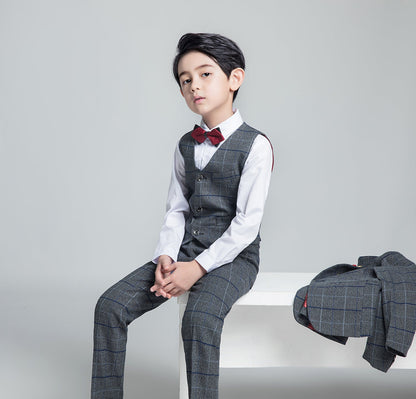 ly1229 Dark Gray Plaid Fashion 5 Piece Boys Suits