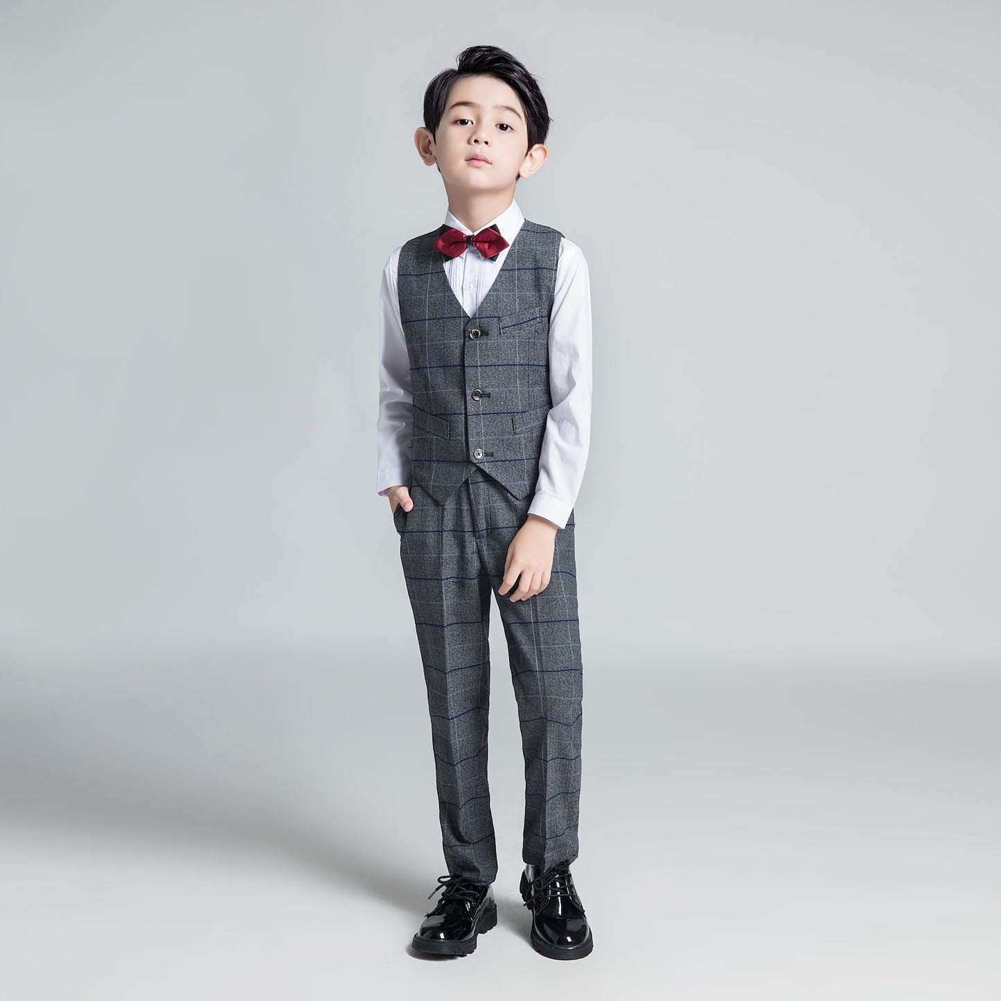 ly1229 Dark Gray Plaid Fashion 5 Piece Boys Suits