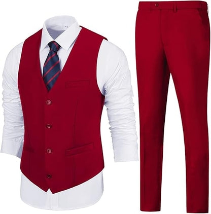 ly1783 Mens Slim Fit 2 Piece Suit Set V-Neck Solid Dress Suit Vest Pants Wedding Prom Tuxedo for Men