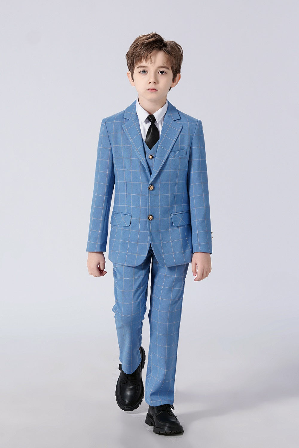 ly1671 Light Blue Plaid Page Boy Formal 5 Piece Boys Suits