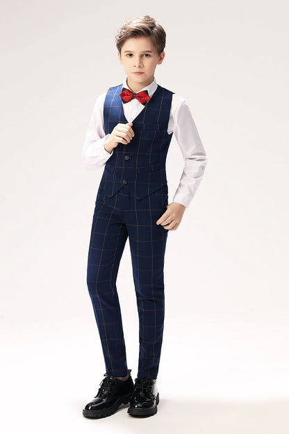 Blue Plaid Elegant Formal 4 Piece Boy's Formal Suits With Vest+Pants+Shirt+Tie