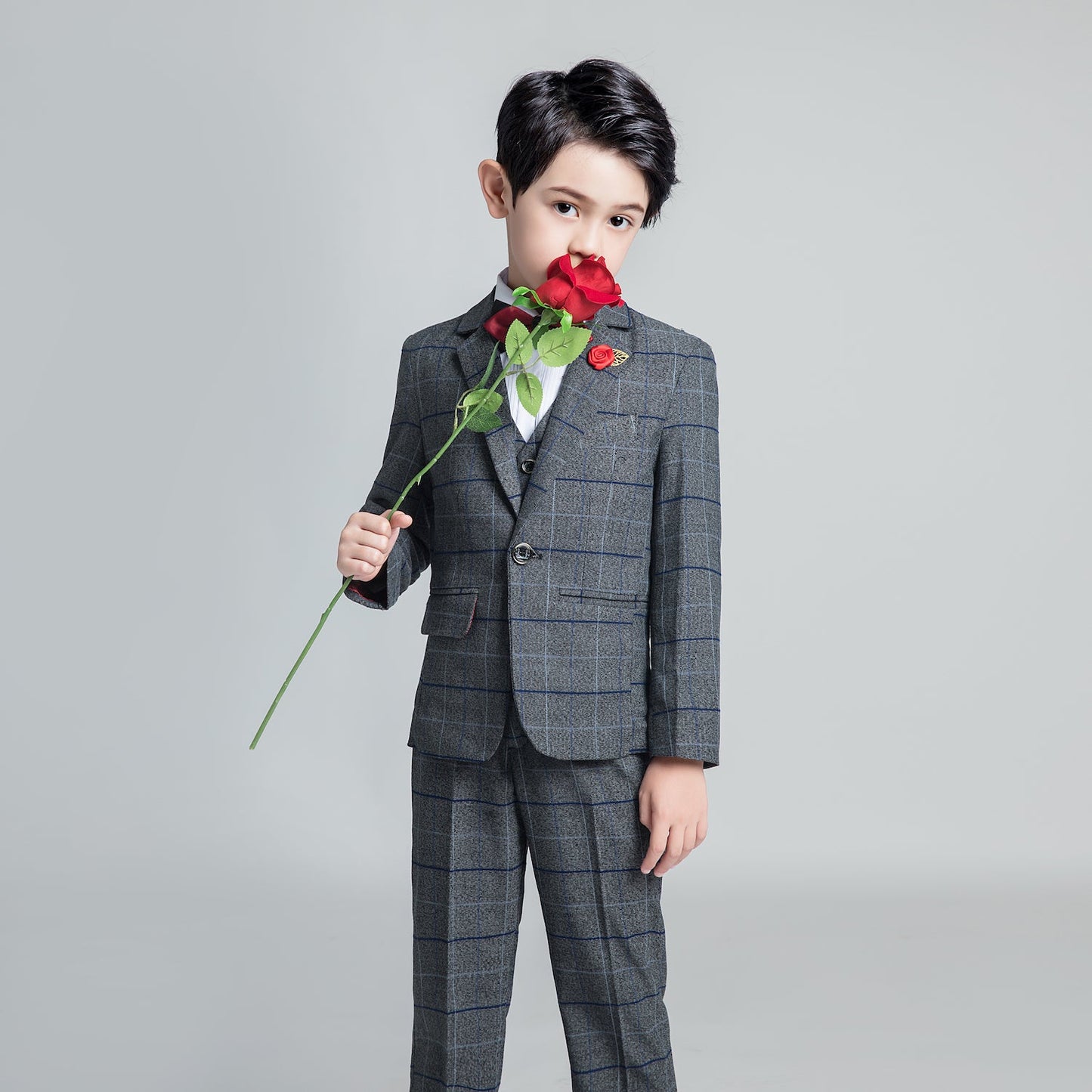 ly1229 Dark Gray Plaid Fashion 5 Piece Boys Suits