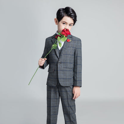 ly1229 Dark Gray Plaid Fashion 5 Piece Boys Suits