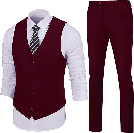 ly1783 Mens Slim Fit 2 Piece Suit Set V-Neck Solid Dress Suit Vest Pants Wedding Prom Tuxedo for Men