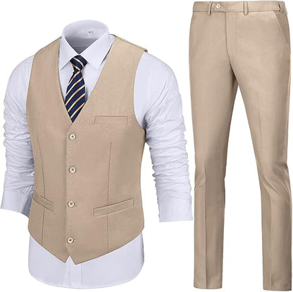 ly1783 Mens Slim Fit 2 Piece Suit Set V-Neck Solid Dress Suit Vest Pants Wedding Prom Tuxedo for Men