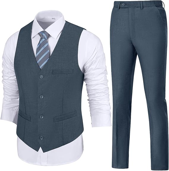 ly1783 Mens Slim Fit 2 Piece Suit Set V-Neck Solid Dress Suit Vest Pants Wedding Prom Tuxedo for Men