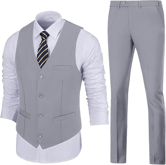 ly1783 Mens Slim Fit 2 Piece Suit Set V-Neck Solid Dress Suit Vest Pants Wedding Prom Tuxedo for Men