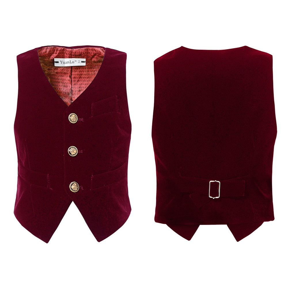 ly1419 Burgundy Velvet 2 Piece Kids Boys' Vest and Pants Dress Suits Set