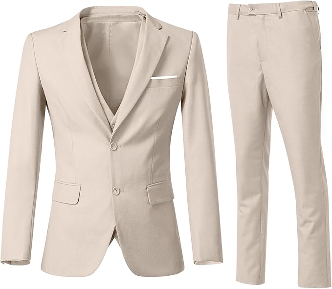 ly1787 Men's 3 Piece Slim Fit Suit Set, Two Button Blazer Solid Jacket Vest Pants Wedding Business Suit