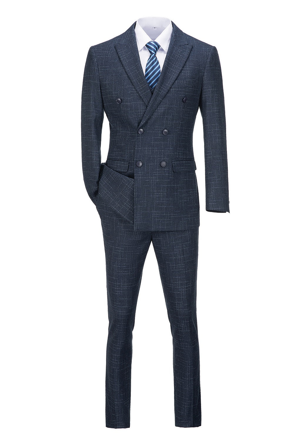 ly1350 Navy Plaid Double Breasted Men's 3 Piece Slim Fit Suit