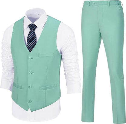 ly1783 Mens Slim Fit 2 Piece Suit Set V-Neck Solid Dress Suit Vest Pants Wedding Prom Tuxedo for Men