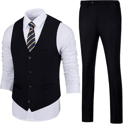 ly1783 Mens Slim Fit 2 Piece Suit Set V-Neck Solid Dress Suit Vest Pants Wedding Prom Tuxedo for Men