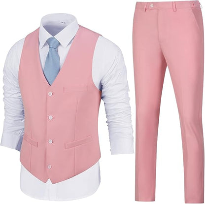 ly1783 Mens Slim Fit 2 Piece Suit Set V-Neck Solid Dress Suit Vest Pants Wedding Prom Tuxedo for Men