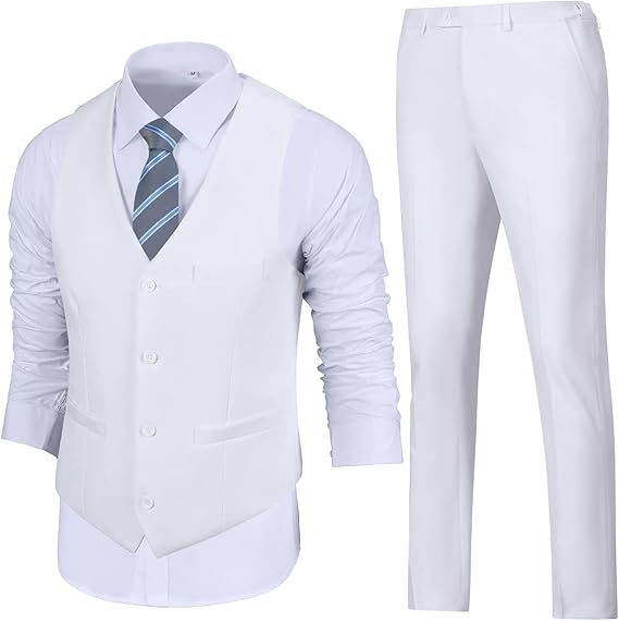 ly1783 Mens Slim Fit 2 Piece Suit Set V-Neck Solid Dress Suit Vest Pants Wedding Prom Tuxedo for Men