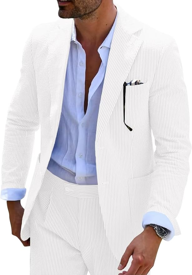 ly1169 Seersucker Striped Blazer Pants 2 Piece Men's Summer Suit