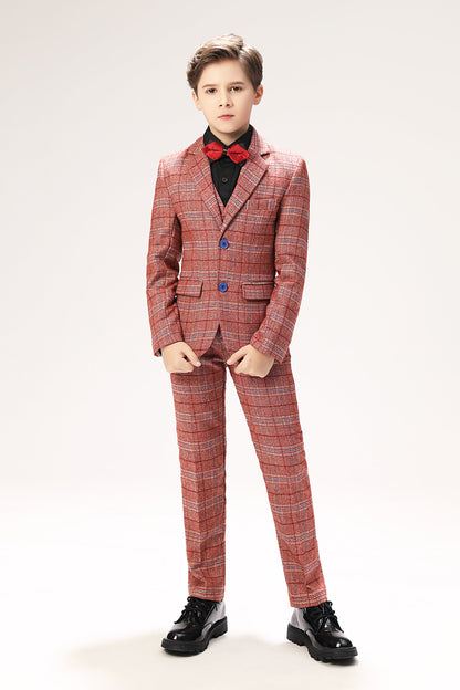 Red Plaid Elegant 5 Piece Boys Suits