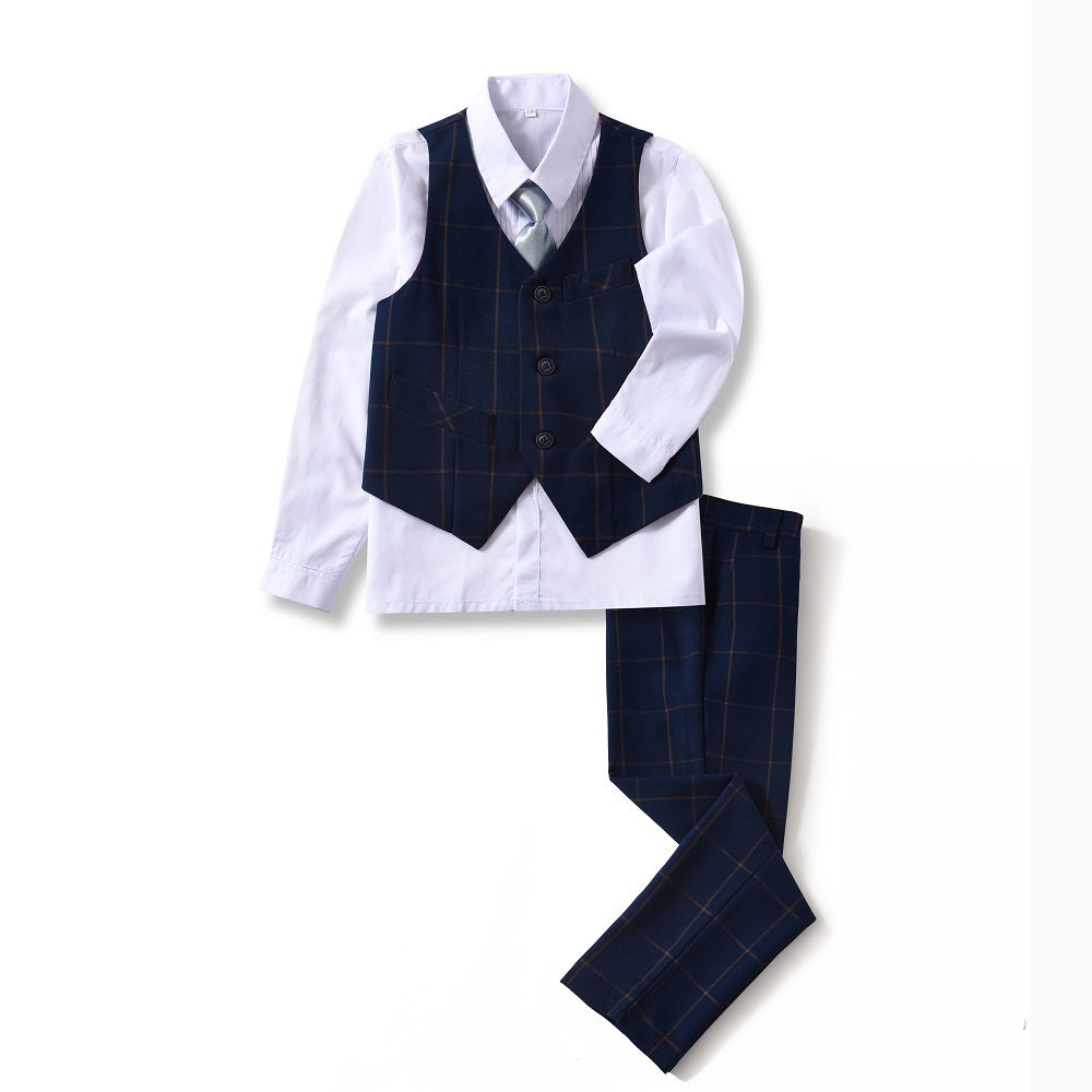 ly1602 Blue Plaid Elegant Formal 4 Piece Boy's Formal Suits With Vest+Pants+Shirt+Tie