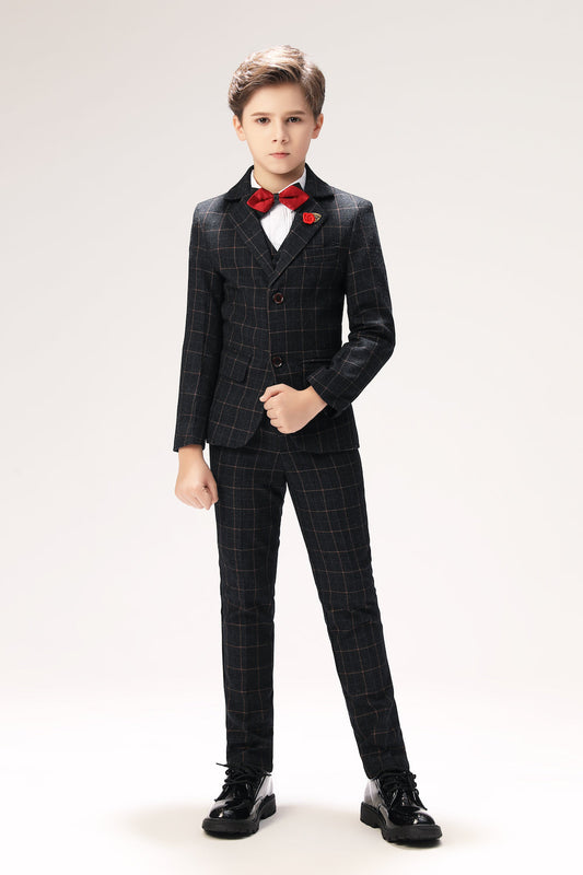 Black Plaid Elegant 5 Piece Boys Suits