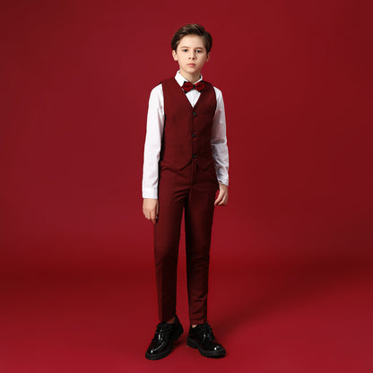 ly1613 Burgundy Custom Fit Slim 4 Piece Boy's Formal Suits With Vest+Pants+Shirt+Tie