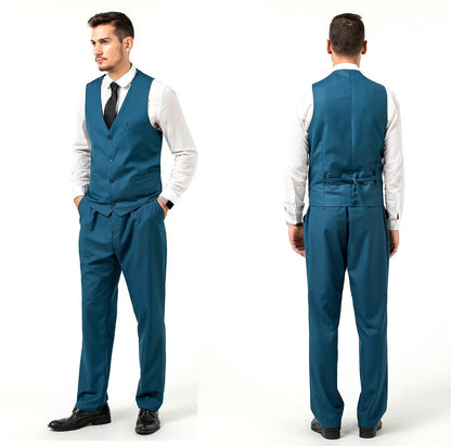 ly1406 Lake Blue Men's Suits 2 Pieces Vest+Pants Set V-Neck Slim Fit Casual Waistcoat Suit