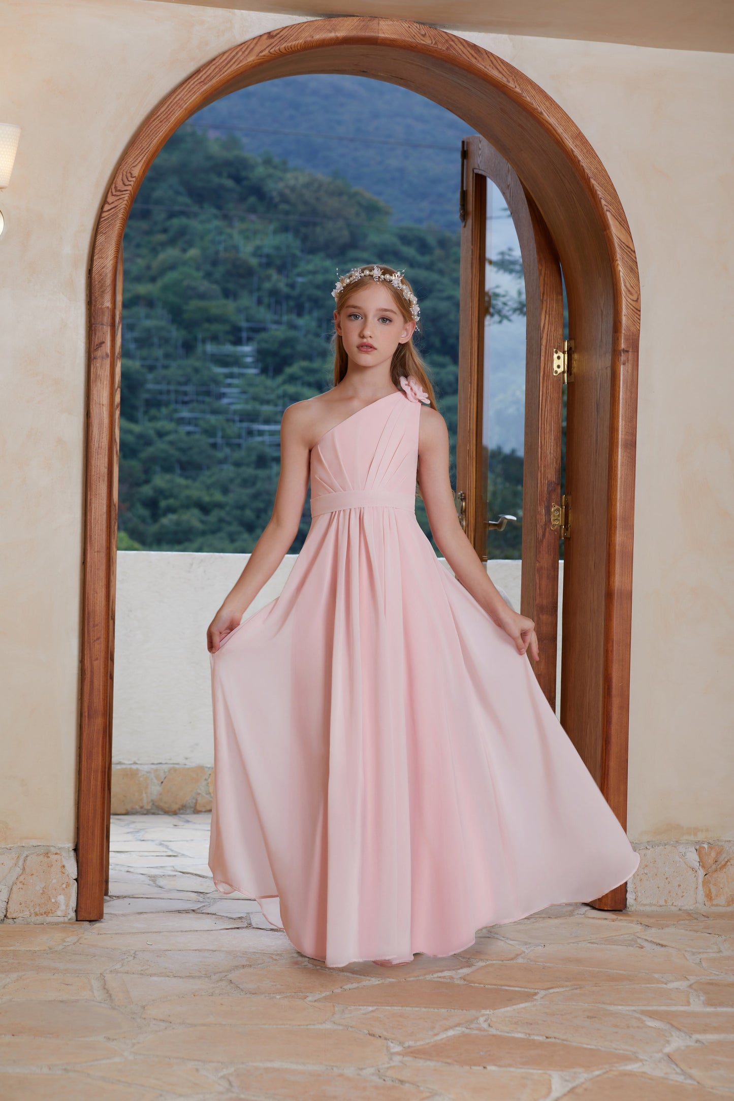 ly3124 Pink One-Sided Strapless Backless Chiffon Flower Girl Gown Dress For Wedding, Party, Occations