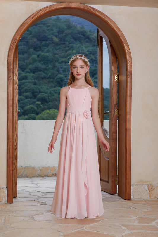 ly3120 Pink Round Neck Sleeveless Halter Chiffon Flower Girl Gown Dress For Wedding, Party, Occations