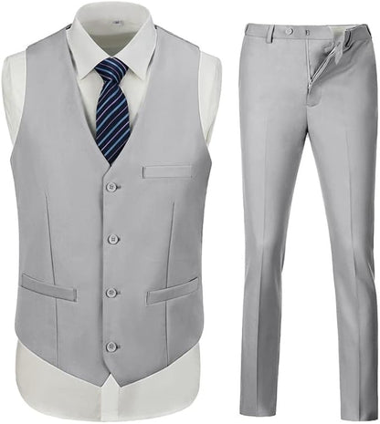 ly1787 Men's 3 Piece Slim Fit Suit Set, Two Button Blazer Solid Jacket Vest Pants Wedding Business Suit