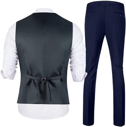 ly1783 Mens Slim Fit 2 Piece Suit Set V-Neck Solid Dress Suit Vest Pants Wedding Prom Tuxedo for Men