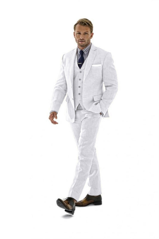 ly1181 White Retro Linen Beach Wedding Summer 3 Pieces Men Suits