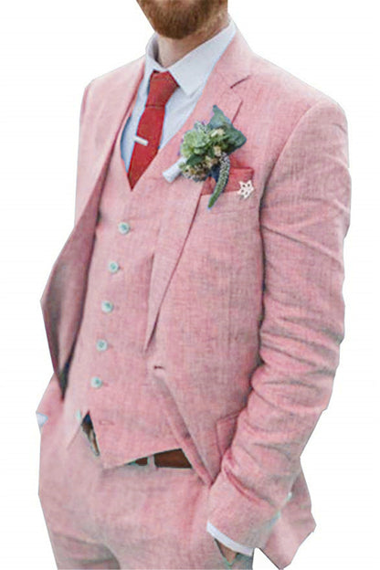 ly1189 Pink Retro Linen Beach Wedding Summer 3 Pieces Men Suits