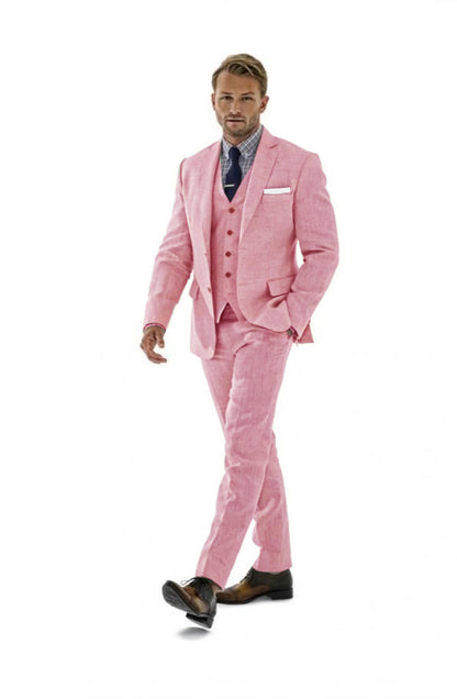 ly1189 Pink Retro Linen Beach Wedding Summer 3 Pieces Men Suits