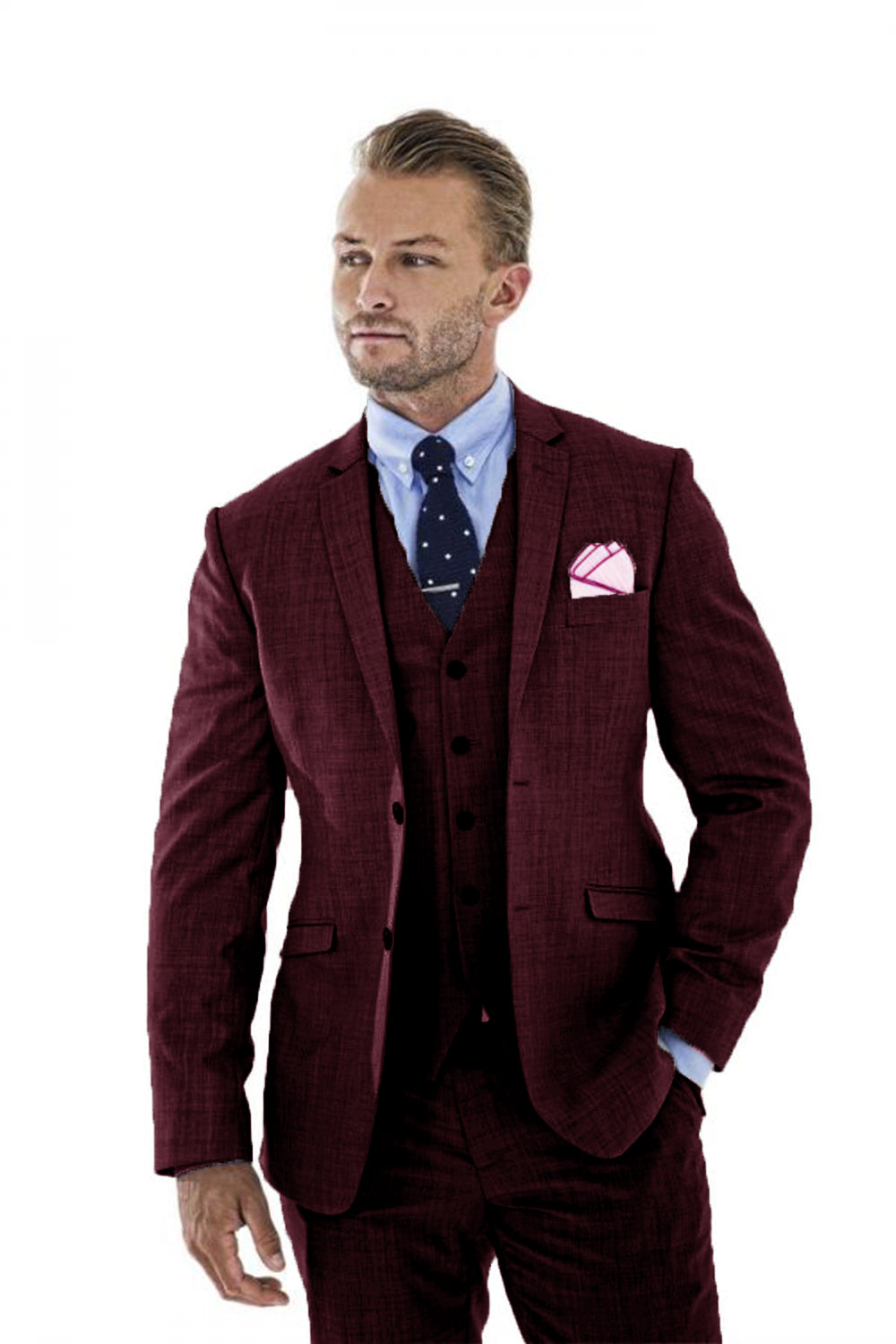 ly1180 Burgundy Retro Linen Beach Wedding Summer 3 Pieces Men Suits