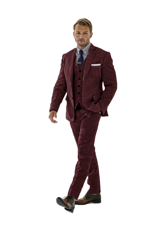 ly1180 Burgundy Retro Linen Beach Wedding Summer 3 Pieces Men Suits