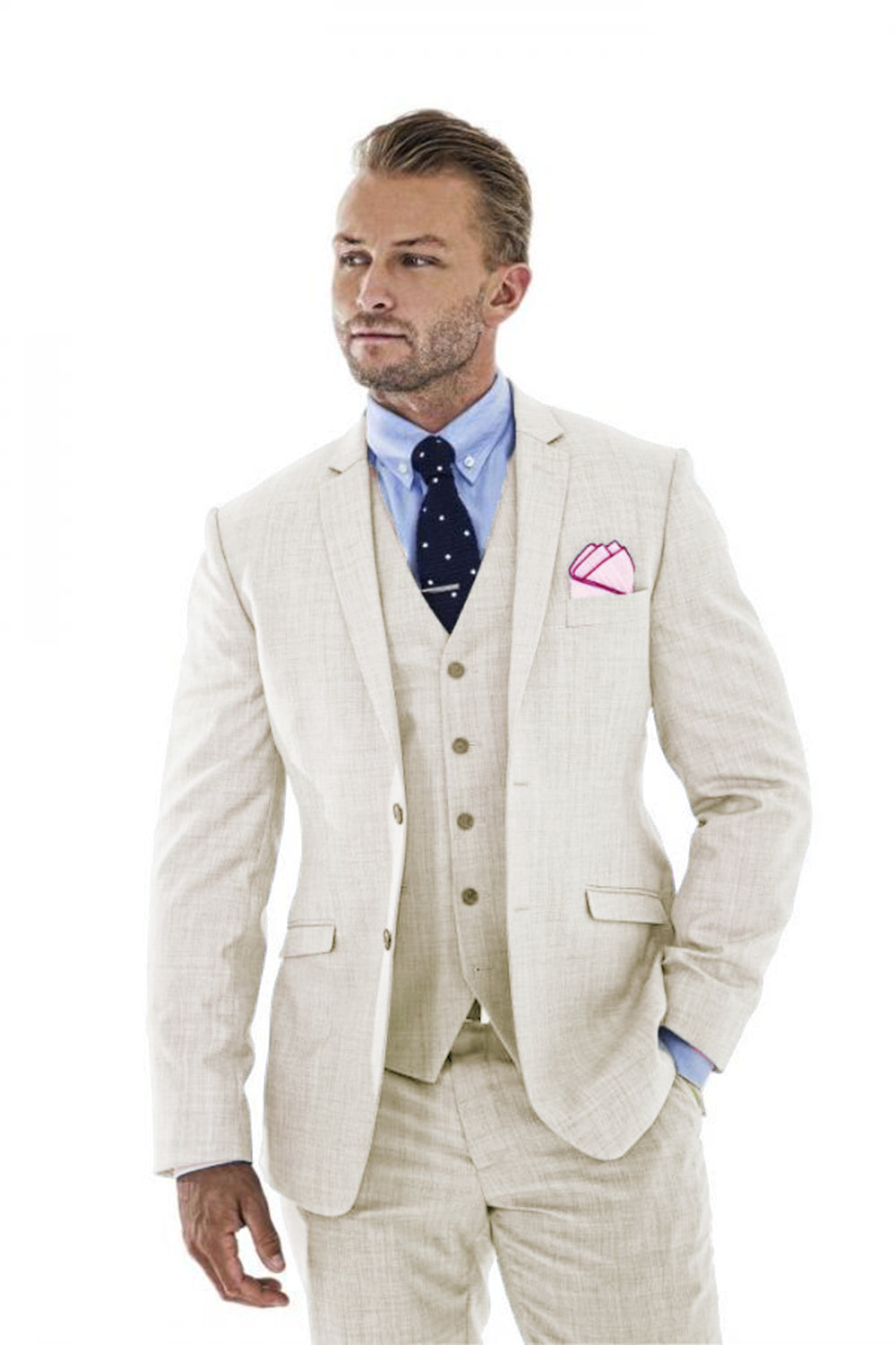 ly1187 Beige Retro Linen Beach Wedding 3 Pieces Men Suits