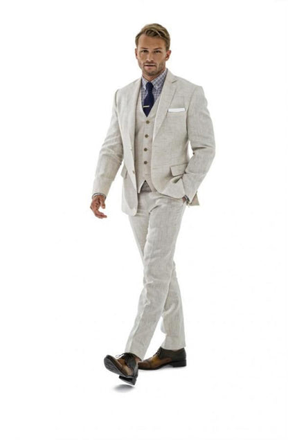 ly1187 Beige Retro Linen Beach Wedding 3 Pieces Men Suits