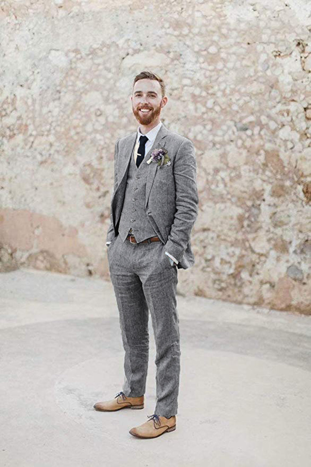 Grey Retro Linen Beach Wedding Summer 3 Pieces Men Suits