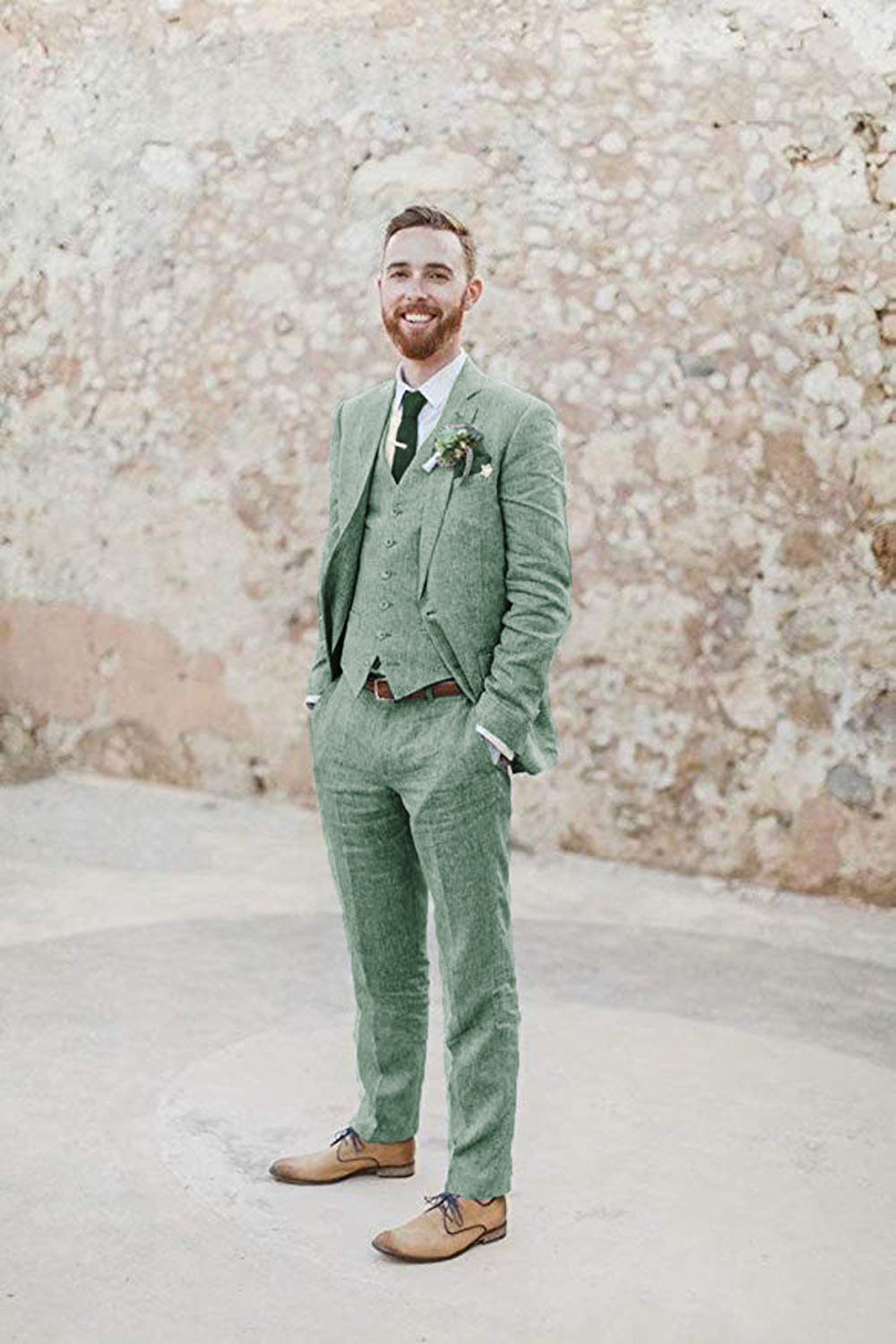 ly1184 Sage Green Retro Linen Beach Wedding 3 Pieces Men Suits