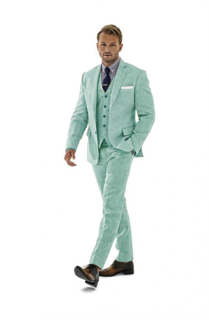 ly1184 Sage Green Retro Linen Beach Wedding 3 Pieces Men Suits