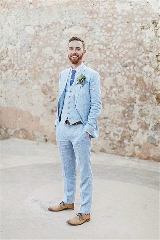 Blue Retro Linen Beach Wedding Summer 3 Pieces Men Suits