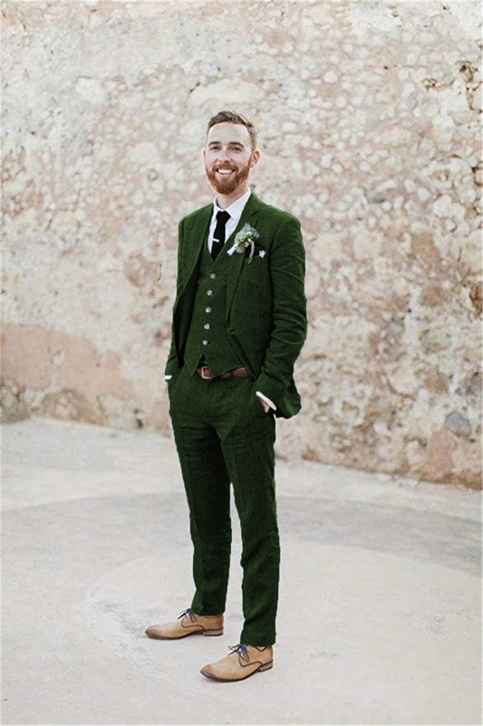 ly1183 Dark Green Retro Linen Beach Wedding Summer 3 Pieces Men Suits