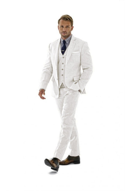 ly1182 Ivory White Retro Linen Beach Wedding Summer 3 Pieces Men Suits