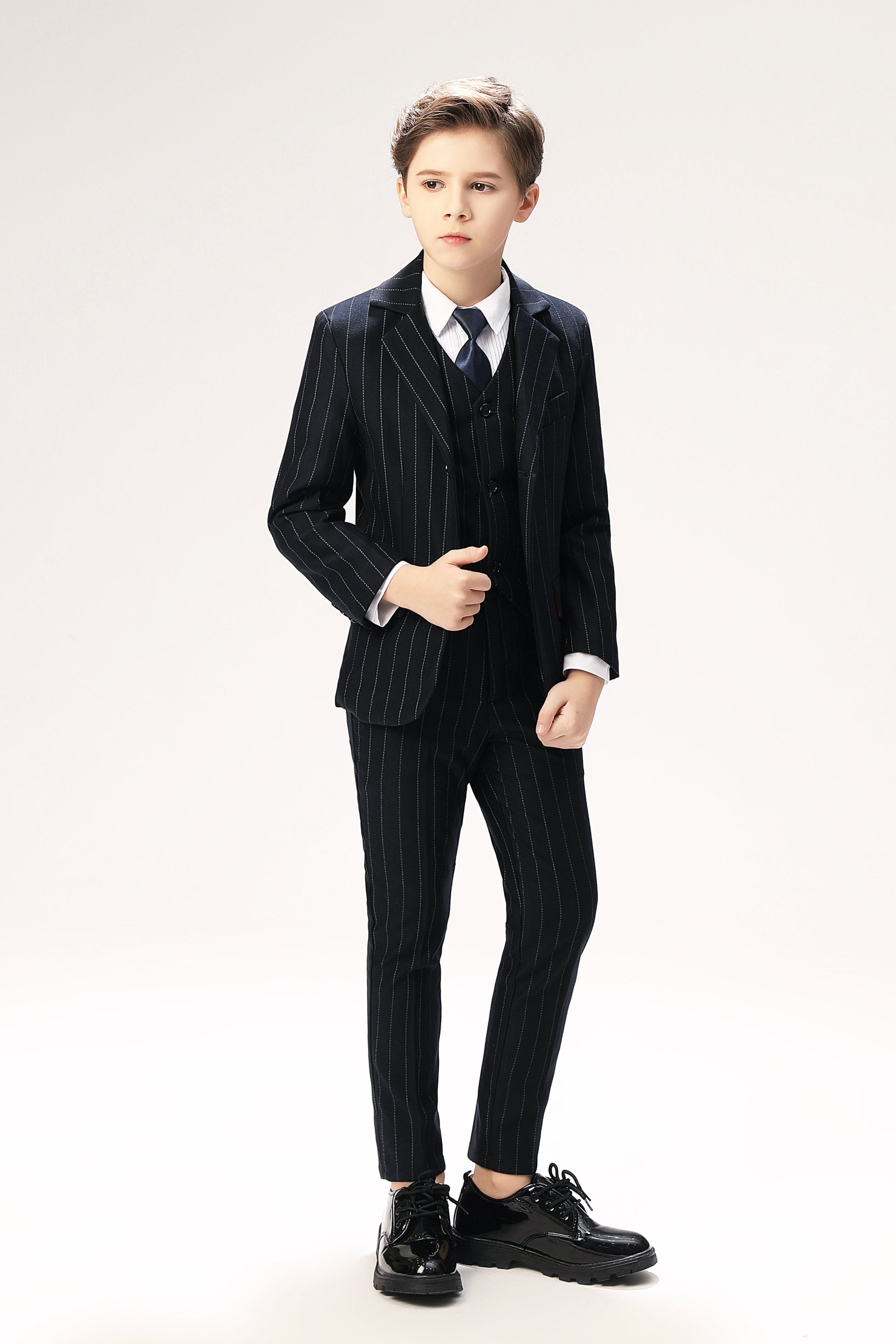 Navy Striped Slim Fit Modern 5 Piece Boy's Formal Suits