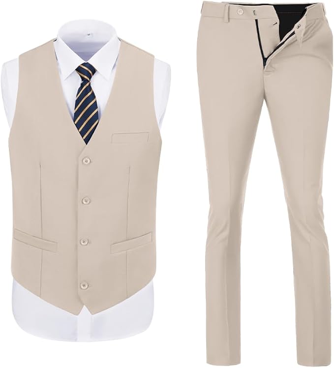 ly1787 Men's 3 Piece Slim Fit Suit Set, Two Button Blazer Solid Jacket Vest Pants Wedding Business Suit