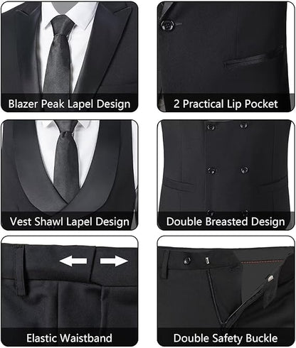 ly1785 Mens Suit Slim Fit 3 Piece Suit Blazer Vest Pants Sets with Bow Tie Handkercher Brooch for Men for Wedding Prom Party