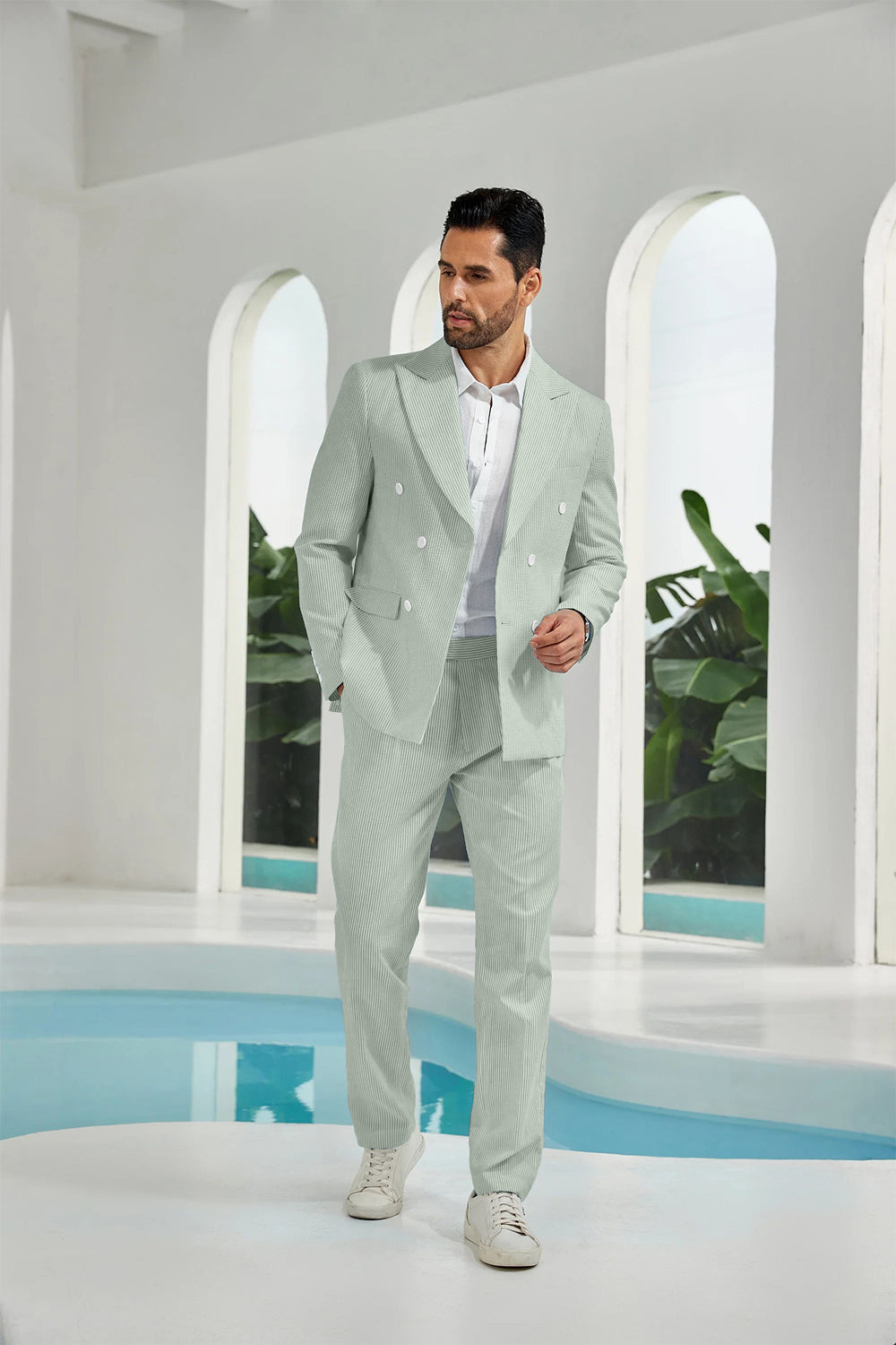 ly1113 Seersucker Double Breasted Blazer Pants 2 Piece Men's Summer Suit