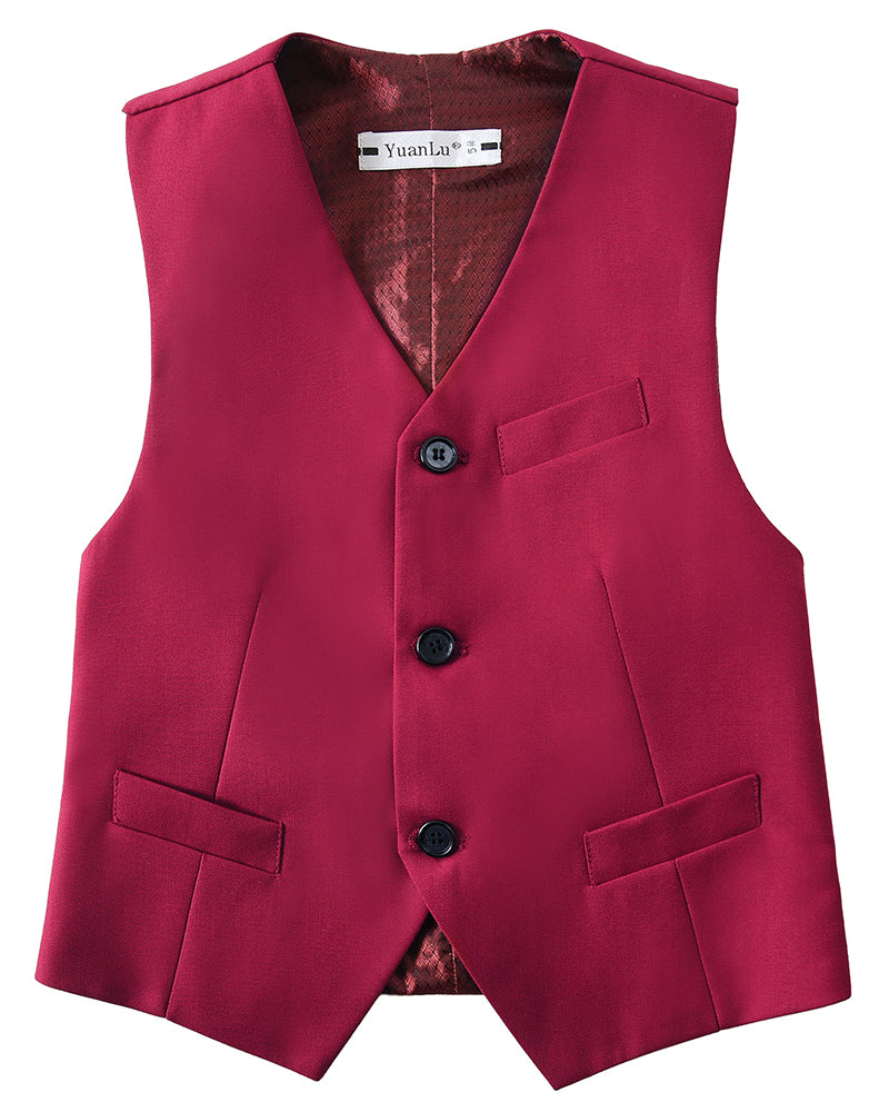 ly1756 Burgundy maroon 3 Piece Kids Boys' Blazer Vest and Pants Dress Suits Set