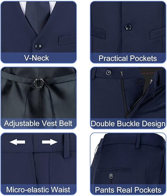 ly1783 Mens Slim Fit 2 Piece Suit Set V-Neck Solid Dress Suit Vest Pants Wedding Prom Tuxedo for Men